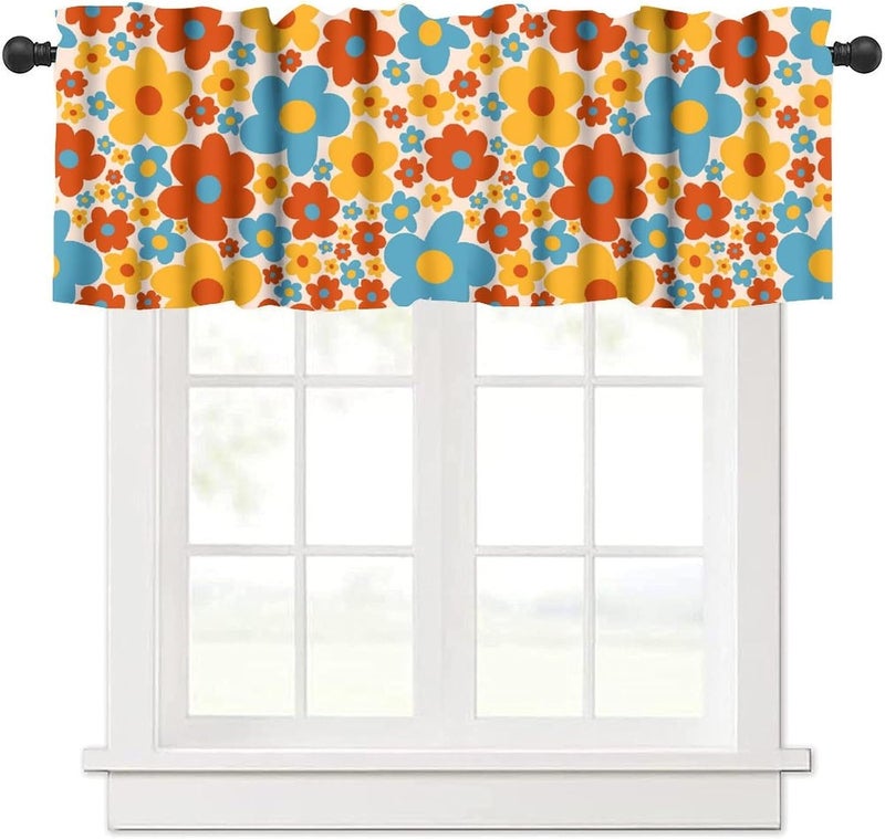 JanJCurt Vintage Daisy Flowers Valance, Abstract Retro 70s Hippie Groovy Blue Orange Red Daisy Floral Print Blackout Short Window Curtain Valance for Kids Bedroom Living Room, 54x18inch - Image 1